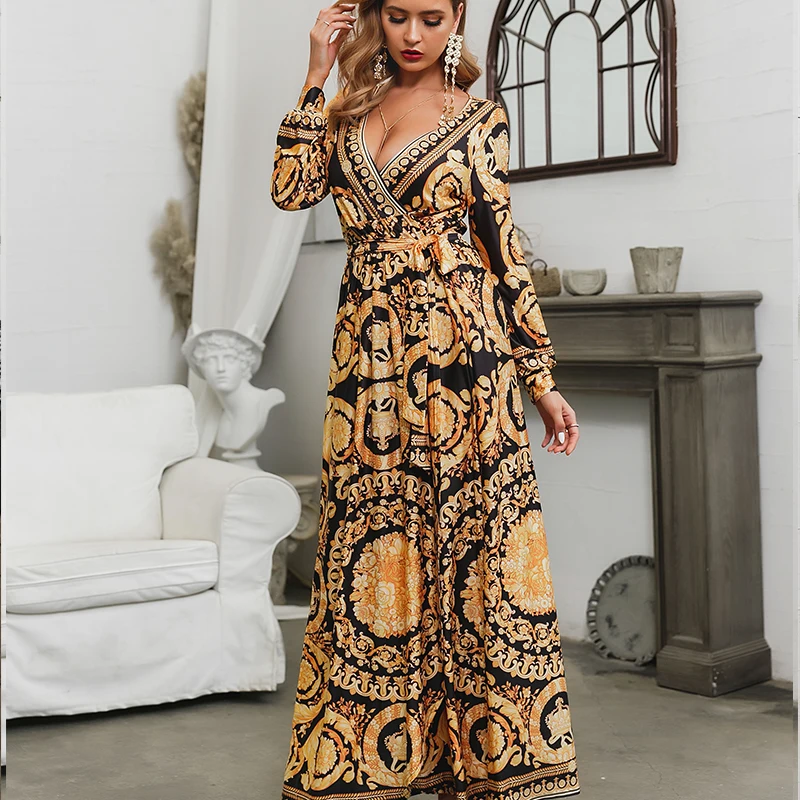 Glamaker, винтажное, Осеннее, с разрезом, boho, сексуальное, с принтом, платье для женщин, элегантное, макси платье, летняя уличная одежда, халат, длинное, вечернее платье, femme festa
