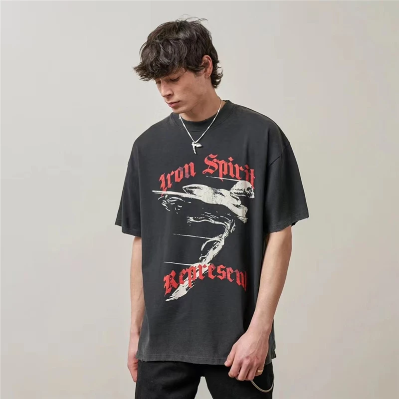 

Vintage Black Represent Iron Spirit Tee Men Women 1:1 Best Quality Metal Angel Badge Graphic Represent T Shirt Short Sleeve Tops