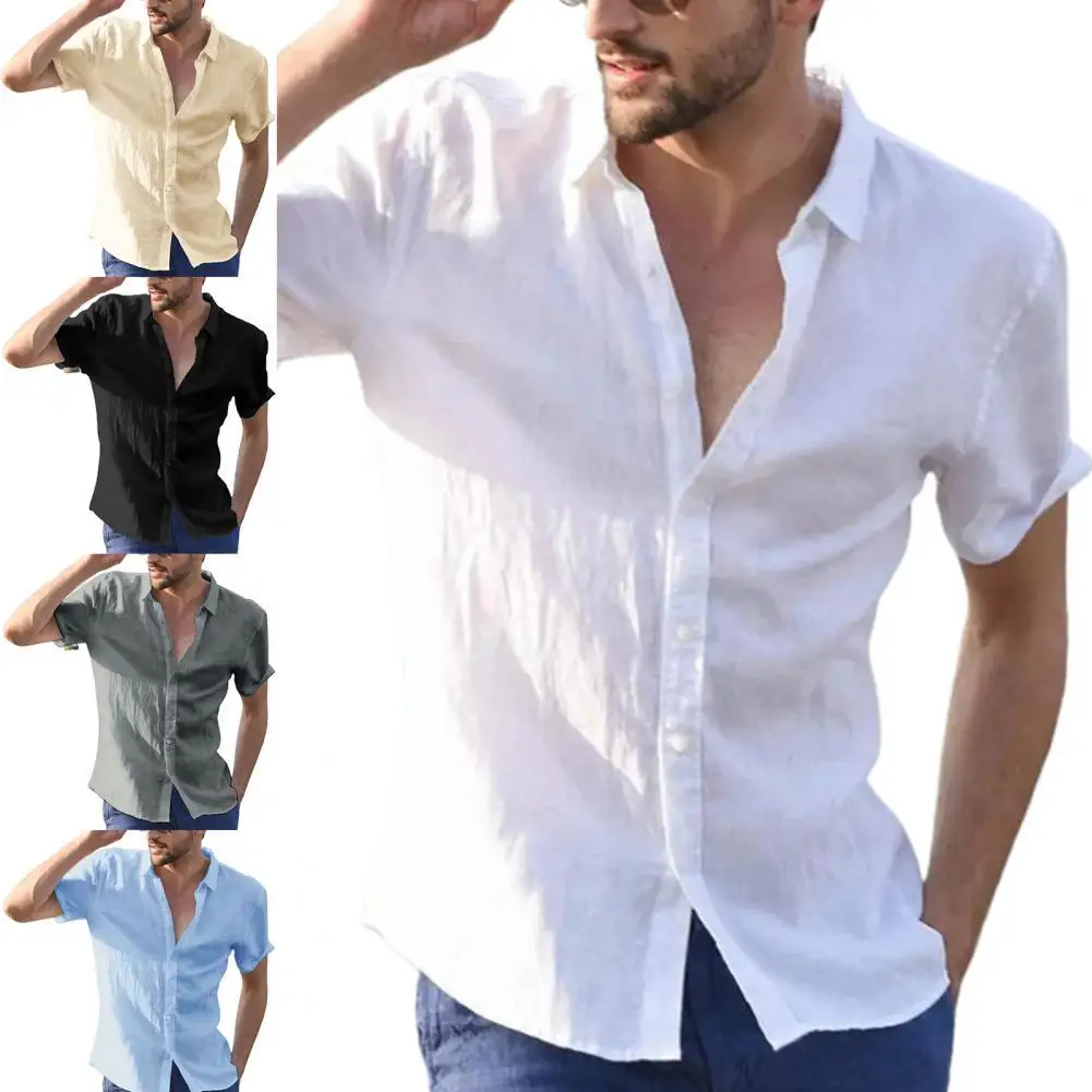 

Футболка мужская приталенная, однотонная пляжная рубашка с короткими рукавами и отложным воротником, дышащая уличная одежда на пуговицах, ...