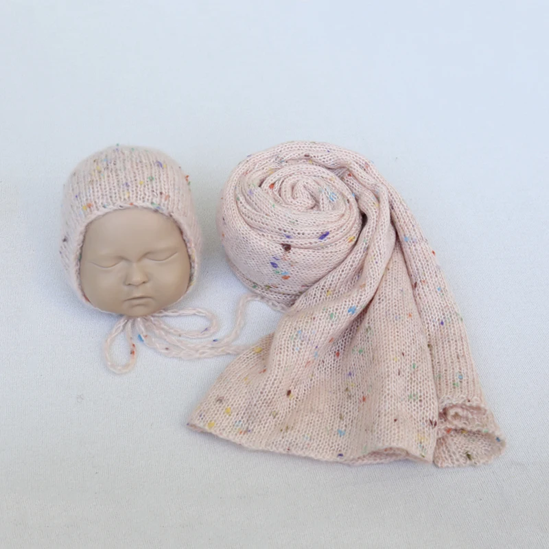 New mohair color dots wrap and knit bonnet newborn photo prop handmade baby sweater hat sets shoot | Детская одежда и обувь