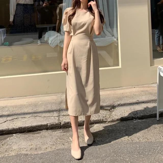 

Chic Puff Sleeve Minimalist Apricot Elegant Dress Women Korean Style Slim Waist Cotton And Linen Dresses Female 2021 Summer