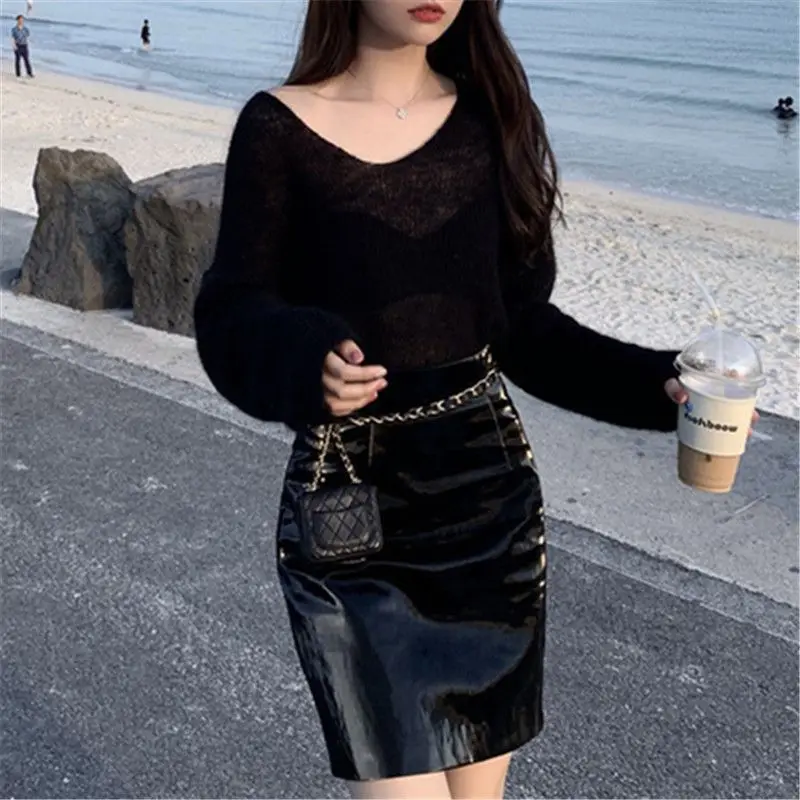 

Autumn Women Knitted Sweater Solid Color Pullover V Neck Sweet Loose Long-sleeve Knitwear Sweaters jumper pull femme