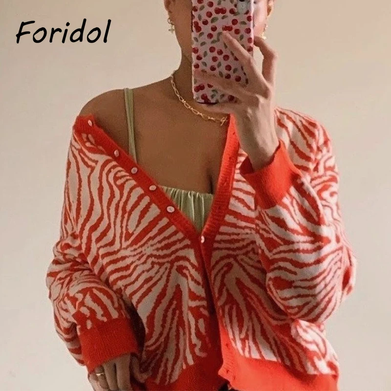 

Foridol Zebra Print Knitted Women Sweater Cardigans Autumn Winter Button Up Casual Vinatge Orange Short Cardigans Tops 2021 New