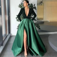 sparkly dark greenburgundyred sequin formal evening dresses satin long sleeves deep v neck high slit glitter party prom gowns