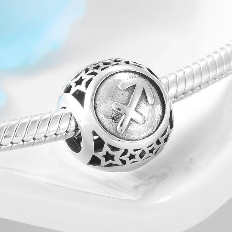 925 Sterling Silver round Sagittarius 12 Constellation zodiac Bead Fit Original European Charm Bracelet Jewelry making | Украшения и