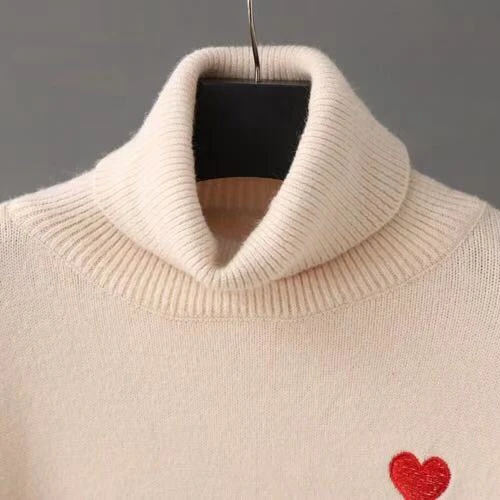 TingYiLi Oversized Sweater Women Korean Heart Embroidery Long Beige Pink Red Turtleneck Autumn Winter | Женская одежда