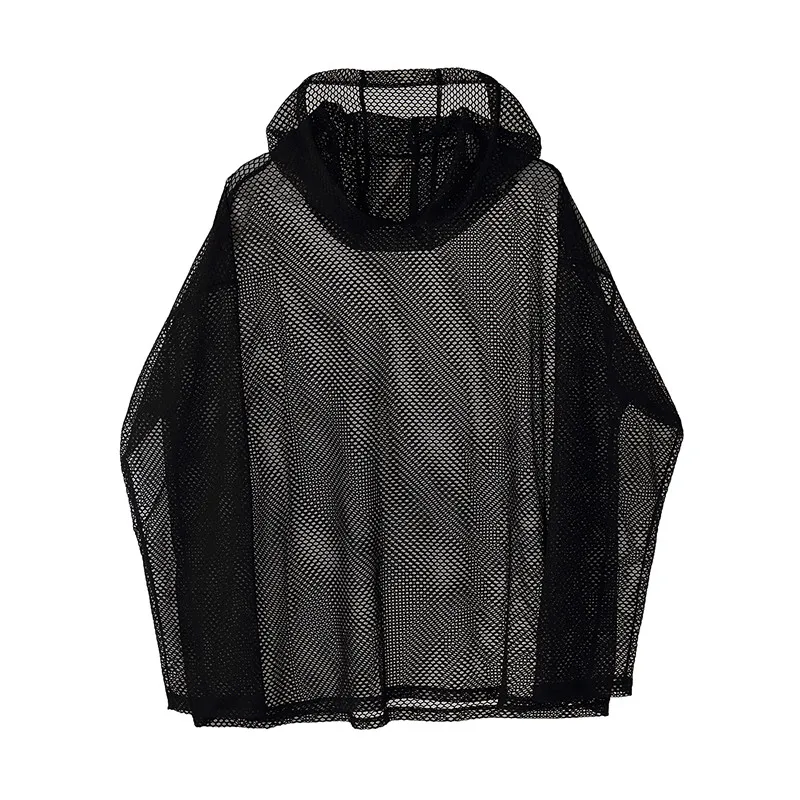 

Summer Streetwear Men Loose Pullover Hooded Mesh Long Sleeve Casual Shirts Male Unisex Hip Hop Gothic Shirts Stage Clothing