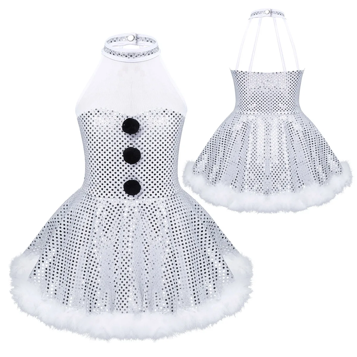 

Kids Girls Christmas Snowman Costume Tutu Dance wear Sleeveless Splice Caged Back Sequins Figure Ice Skating Halter Mini Dress