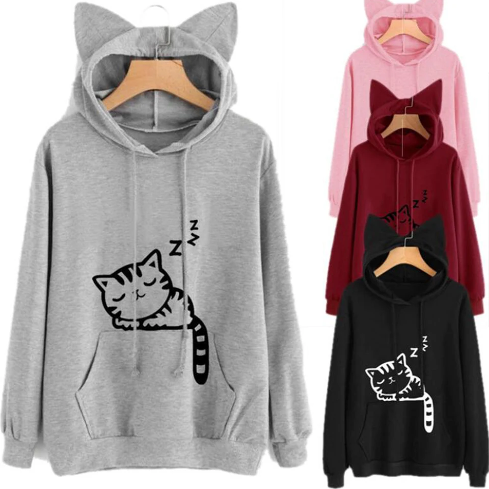 

Sweatshirt Cartoon Pullover Sleep Cat Pattern Print Hoodie School Poleron Mujer 2020 Korean Streetwear Hoodie Cat Ear Women Cute