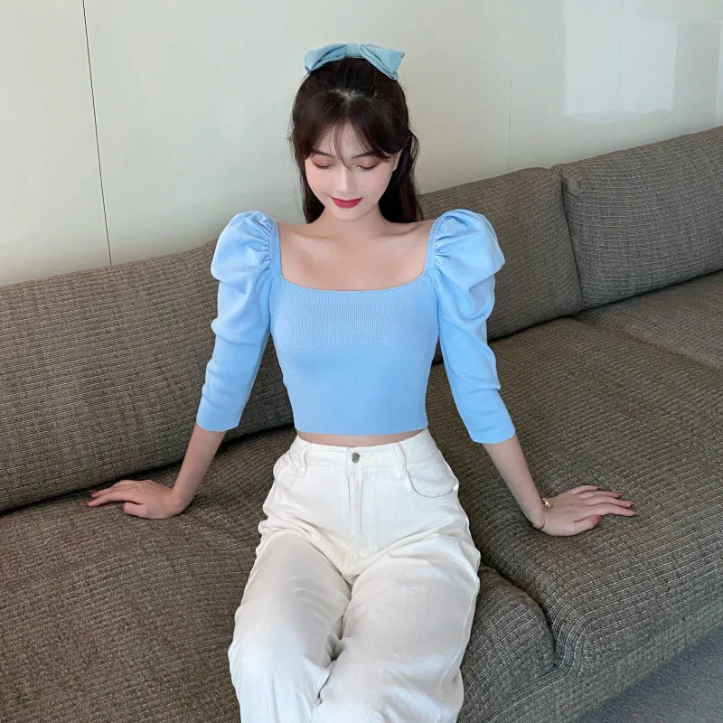 

Женский короткий топ, вязаный свитер с квадратным вырезом и рукавами-фонариками, на лето