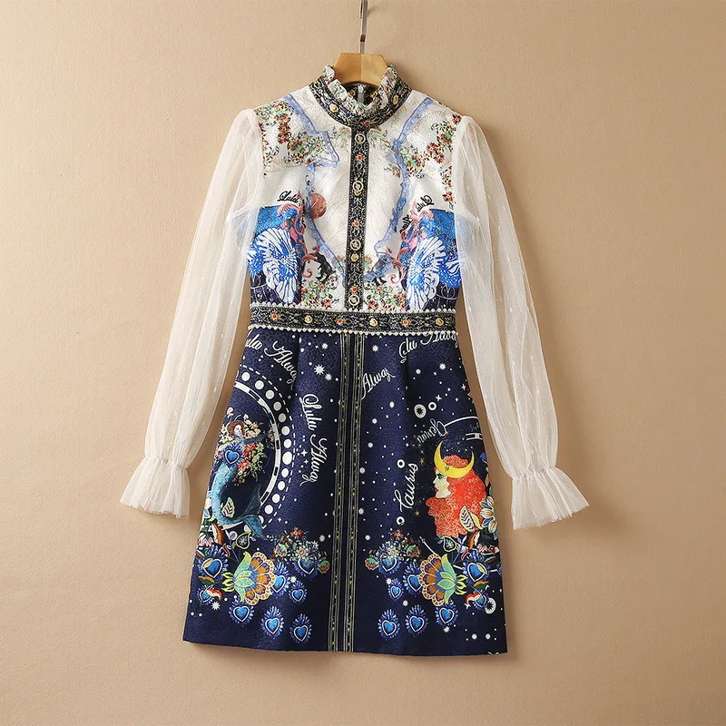 

Женская одежда в европейском и американском стиле, Новинка осени 2022, модное жаккардовое кружевное платье с длинным рукавом и воротником-сто...