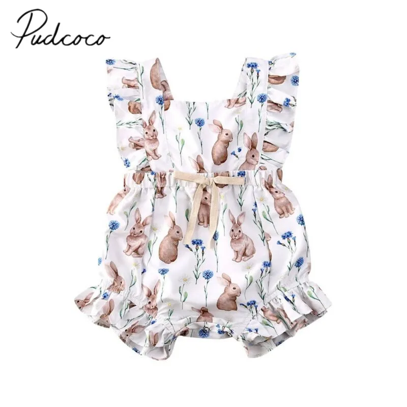 Детское боди с принтом кролика и оборками пасхальный Летний комбинезон для