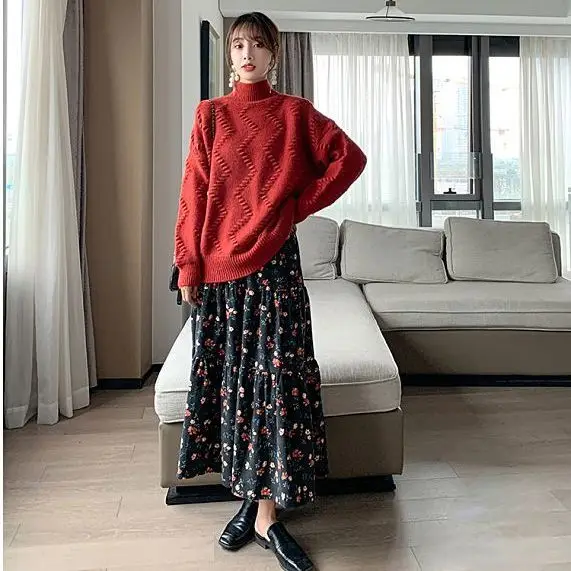

Women 2021 Autumn Winter Corduroy Vintage Floral Print Pleated Midi Skirts Female Fashion Skirt Casual Elastic Waist Skirts A500