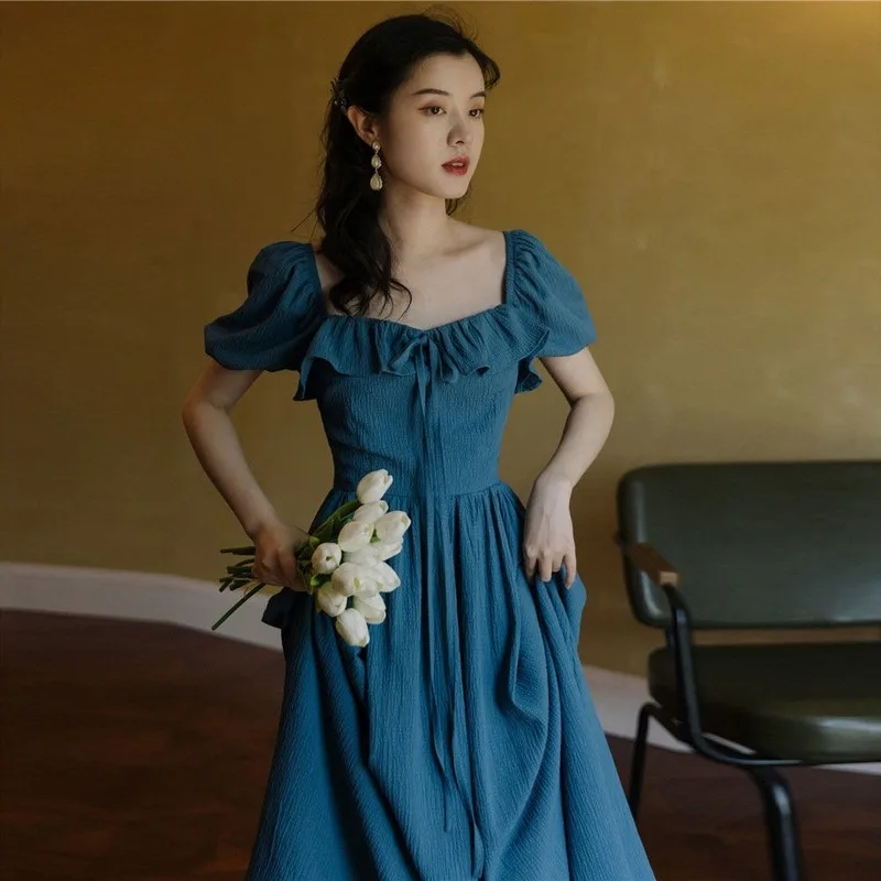 Французское элегантное женское платье в стиле ретро с квадратным воротником и