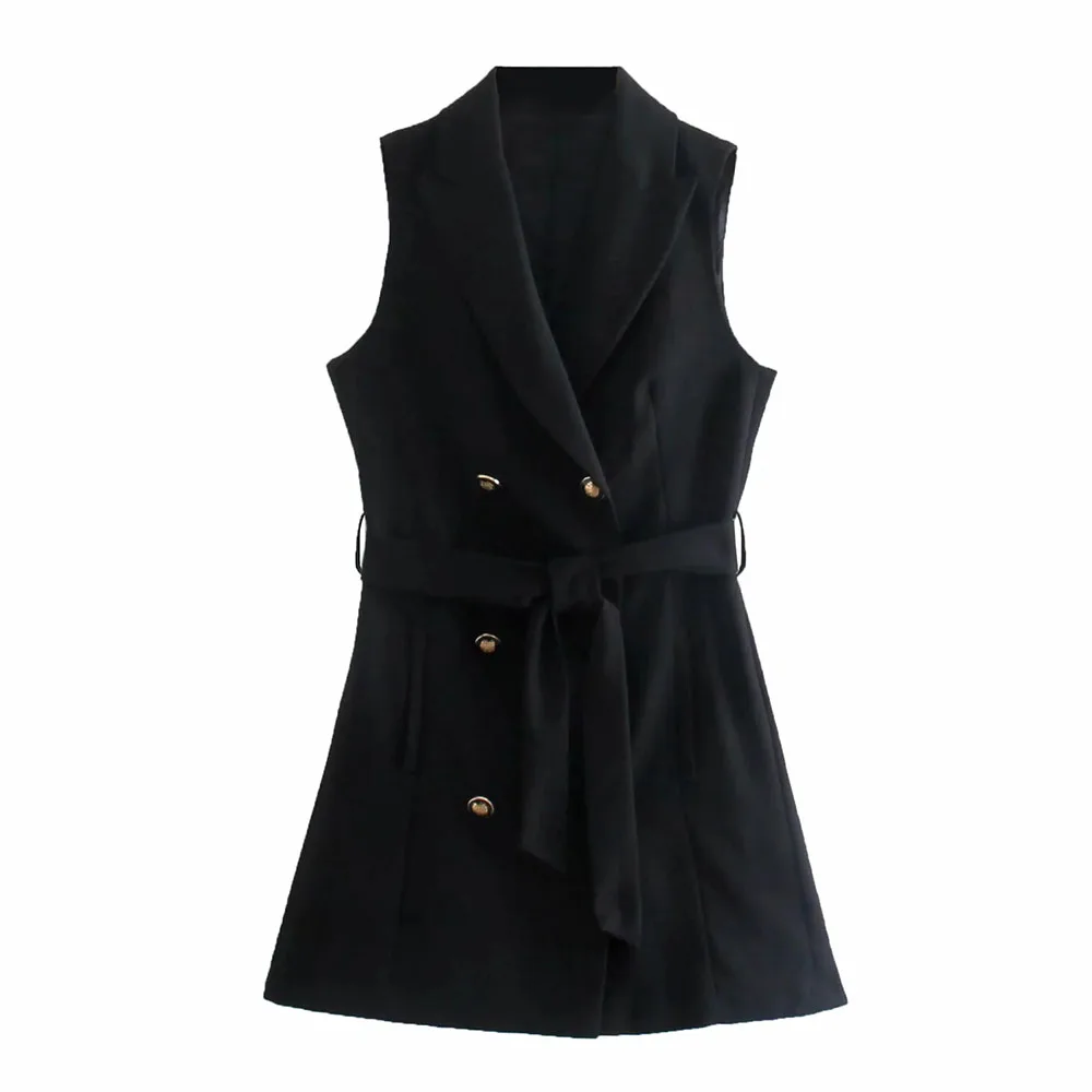 

XEASY 2021 Summer Women Vintage Black Office Lady Vest Female Elegant Slim V-neck Belt Casual Sleeveless Mini Waistcoat Top