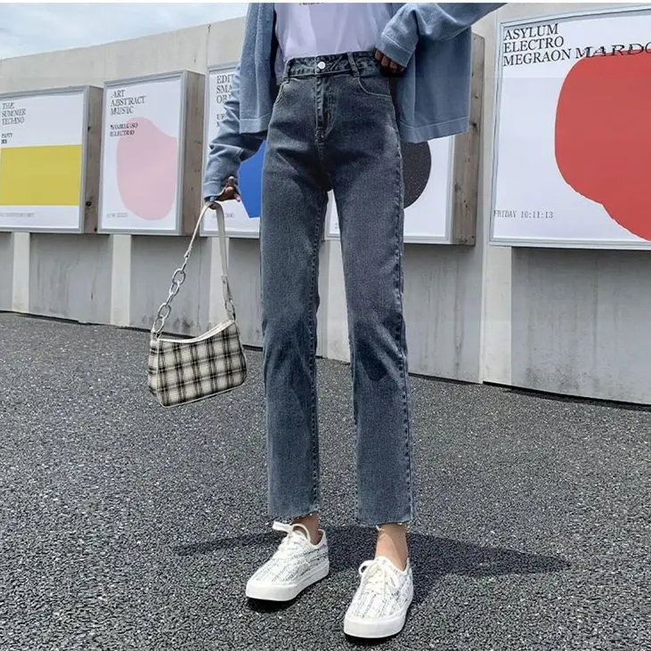 

Woman Jeans Pants Blue Gray High Waist Straight Pants Loose-Fitting Spring Autumn Wear Pantalones Vaqueros Mujer