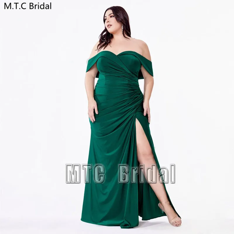 

Green Plus Size Evening Dress Long Mermaid Off The Shoulder Satin Formal Dresses With Slit Sexy Women Prom Party Gowns Customize