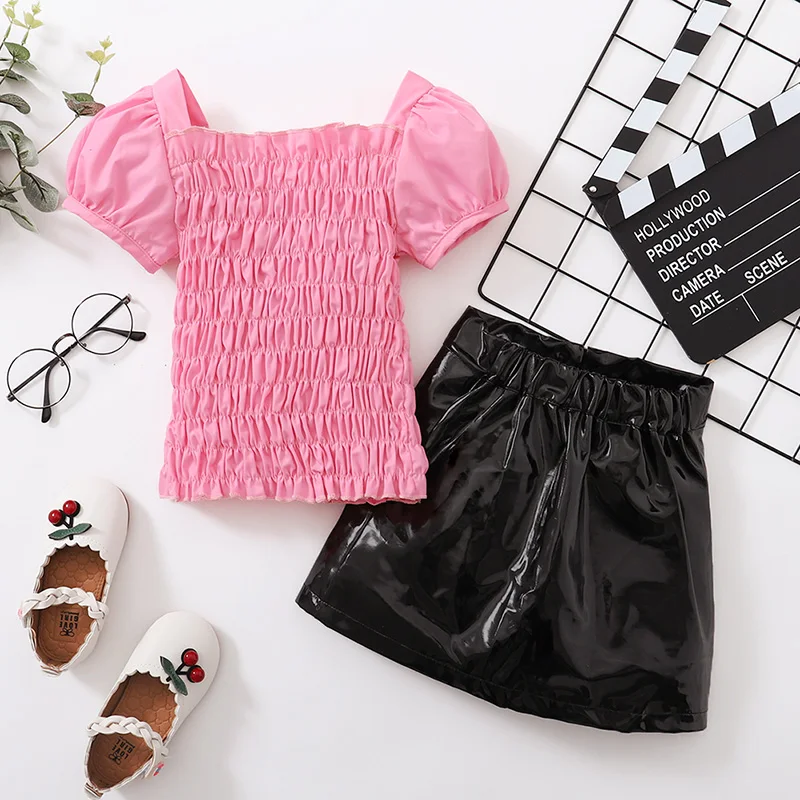 

2-7T Summer Baby Girls Clothing Outfits Short-Sleeved Tight Top+Half-length Leather Skirt Children Clothing Set