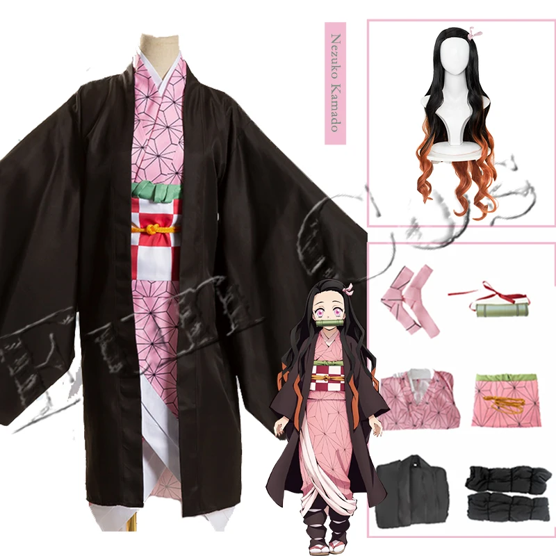 

Demon Slayer Kimetsu No Yaiba Nezuko Kamado Cosplay Costume Pink Dress Cloak Anime Long Wig Gradient Curls Hair Katana Kimono