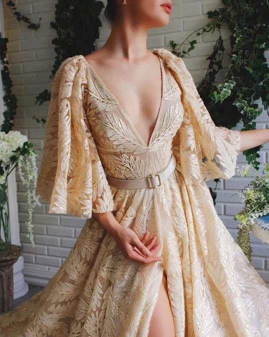 

Unique Sleeves France Lace Deep V Neck Evening Dress Women Side Split A-line Prom Gown Custom Made