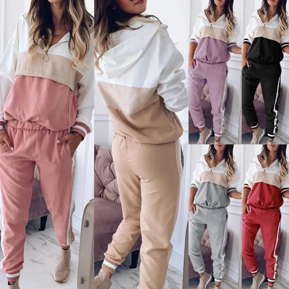 

Pant Sets 2Pcs Sport Women Color Block Zip Hoodie Elastic Waist Ankle Tied Pants Tracksuit Women's Clothing 2021