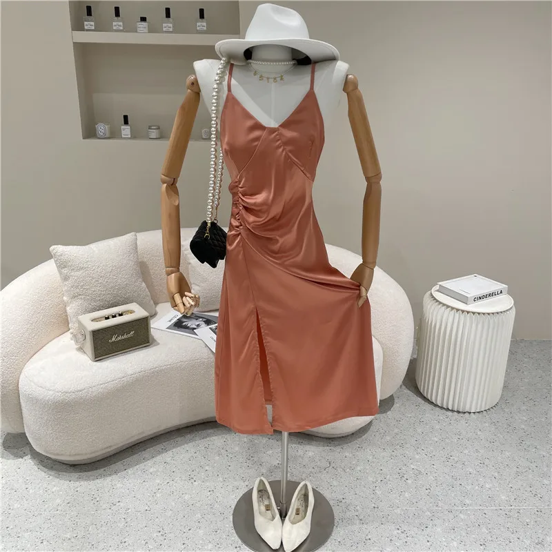 

Women's Spring Summer 2021 Fashion Long V-neck pleated high waist slim split Suspender Dress
