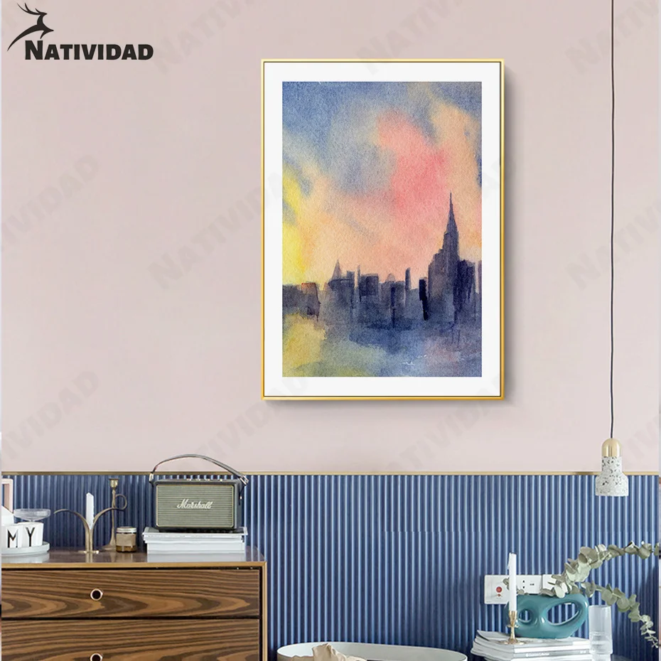 

Color Aurora Watercolor Canvas Painting Art Wall Decor Modern Abstract City Scenery Newspaper Bedroom Living Room Home Decoratio