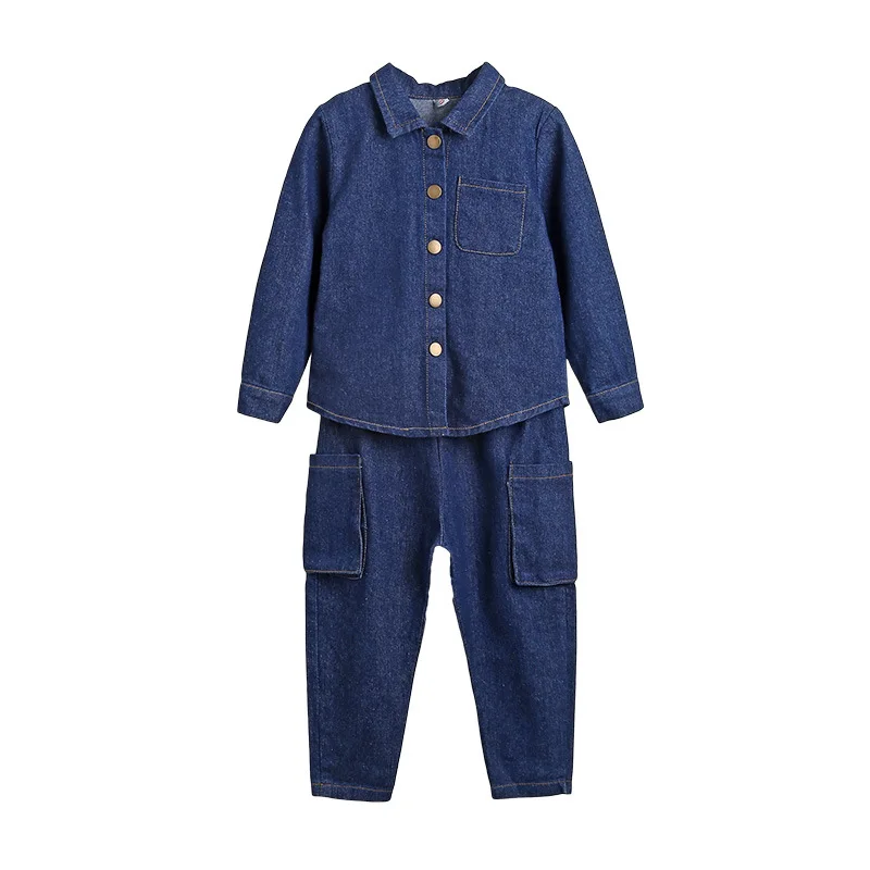 

2021 boys and girls spring clothes, big kids, children's patch pocket denim two-piece suit