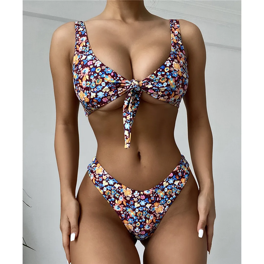 

Пикантные с цветочным принтом узлом женский купальник бикини Для женщин купальник из двух предметов комплект бикини с высокой купальник ва...