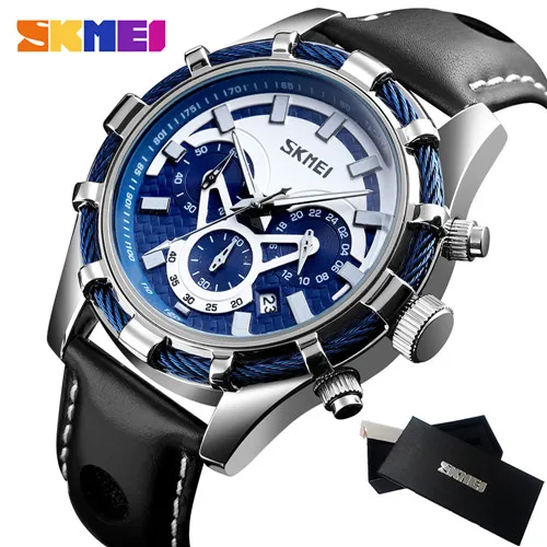 Sliver watch SKMEI лучший бренд Роскошные мужские часы спортивные секундомер Кварцевые водонепроницаемые наручные часы модные кожаные часы с ремешком Relogio Masculino - Цвет: Sliver watch