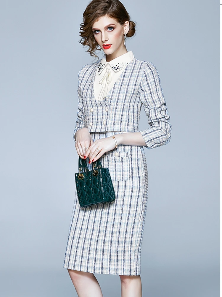 

2021 Autumn Winter Women Two Piece Set Short V-neck Tweed Tops And Beading Patchwork Sleeveless Tweed Pencil Dress Set