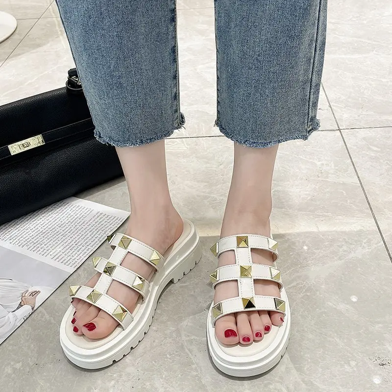 

New Summer Fashion Wicker Platform Sandals Women Flip Flops Leather Sandals for Woman Slip on Casual Slippers Roman sandale cuir