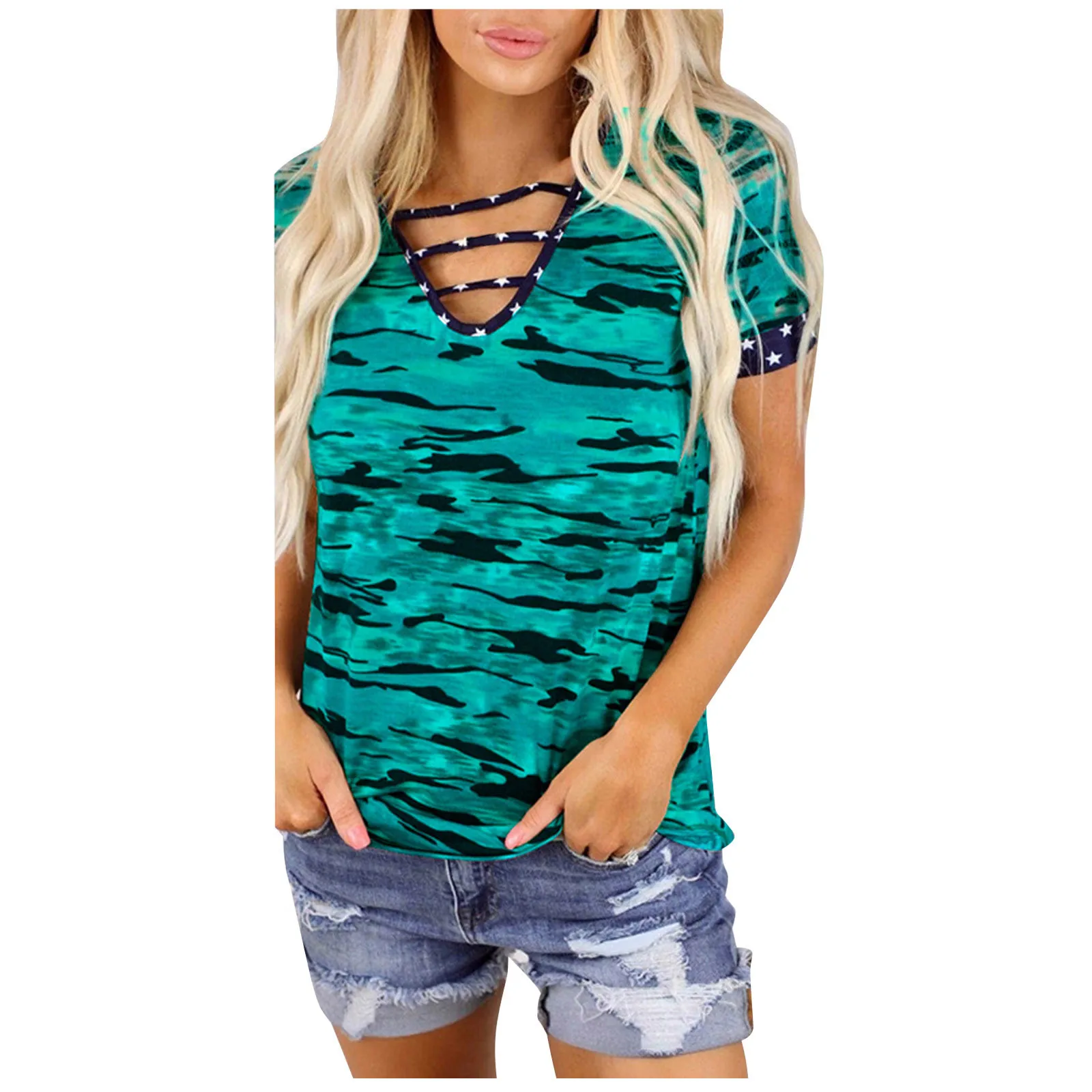 

Woman tshirts Loose Print T-shirts Women Summer 2021 Camouflage Printed Short Sleeved Casual V-Neck T-shirt Blouse Tees Shirts