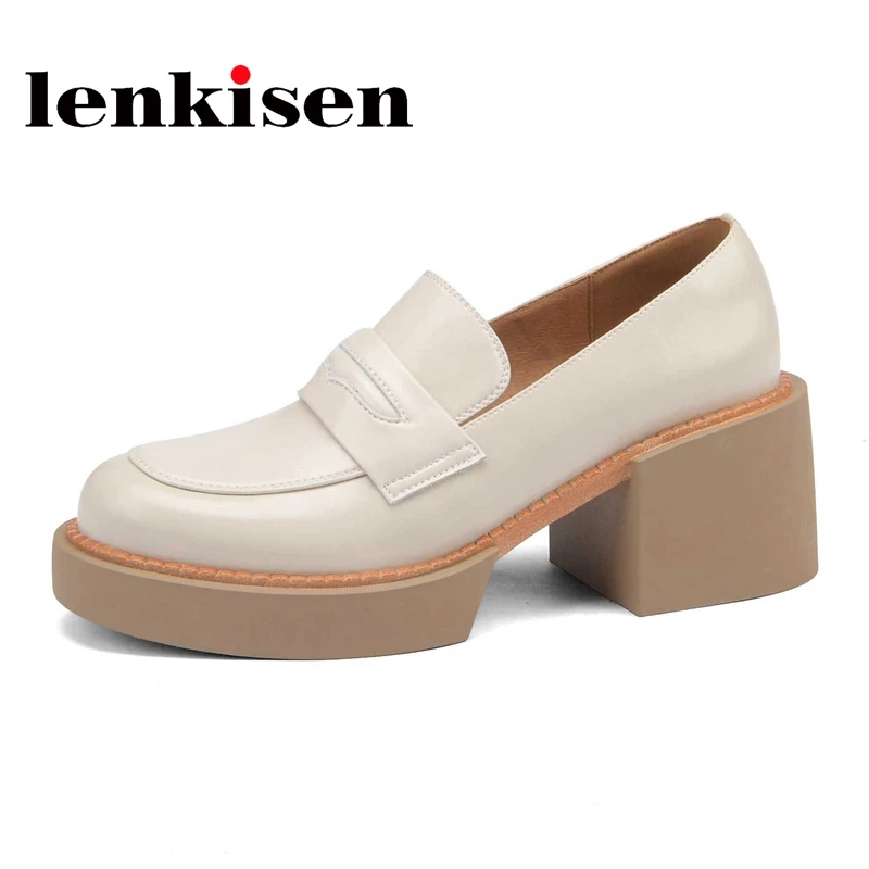 

Женские туфли-лодочки Lenkisen, из натуральной кожи, с круглым носком, на высоком каблуке, в английском стиле, простая однотонная уличная одежда ...