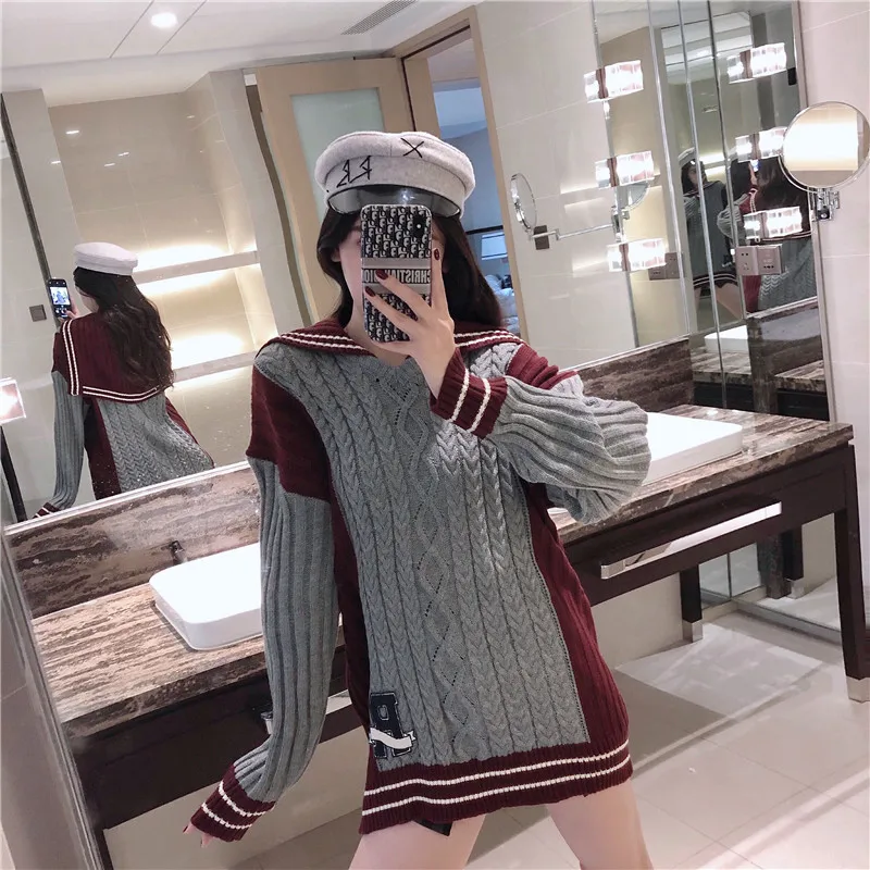 

Women's sweater 2020 new fashion outerwear temperament ins trendy lazy style Pullover loose foreign style Top Navy collar