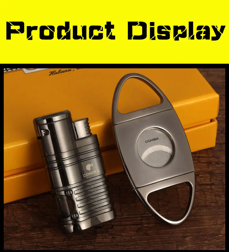 COHIBA сигарный набор металлическая коробка для Сигар Зажигалка газ-бутан ветрозащищенная 3 струйные Зажигалки W/удар из нержавеющей стали Острый сигарный нож