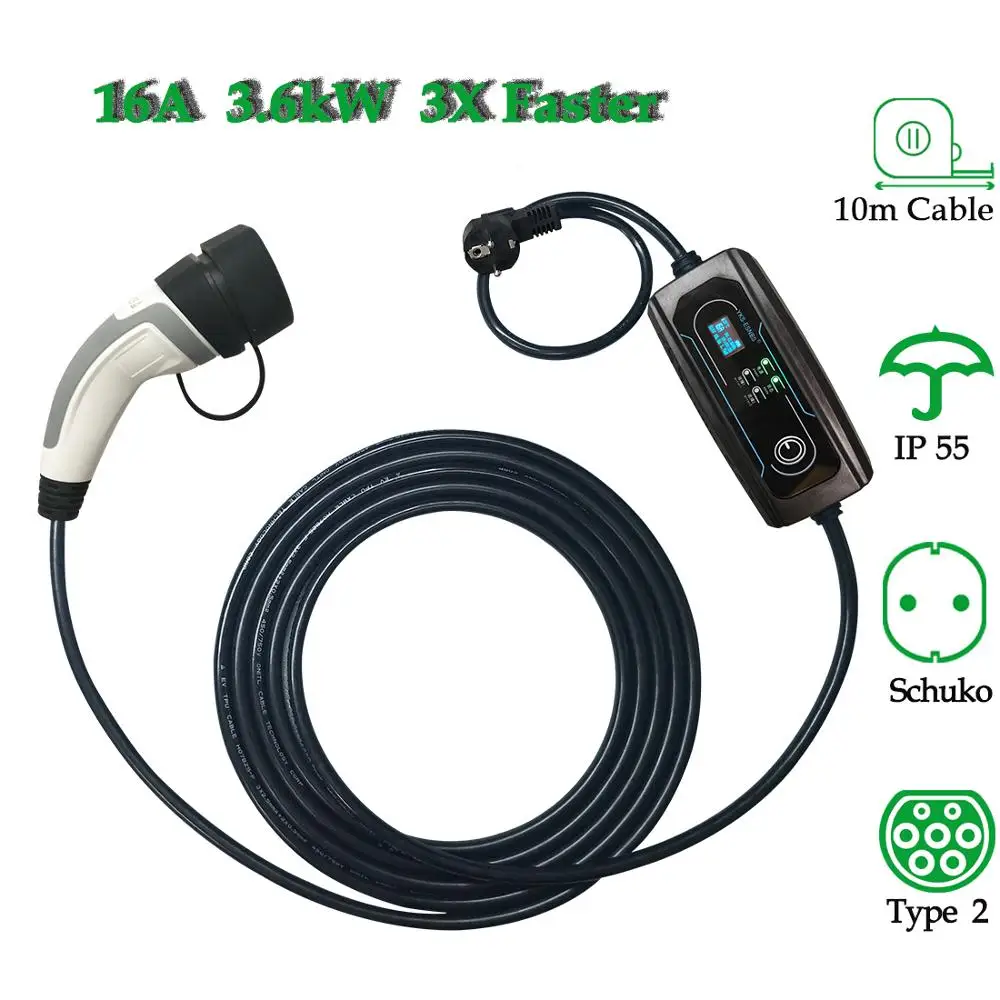 

YKS-ESNES Тип 2 Портативный зарядный кабель для электромобиля переключаемый 8A/10A/13A/16A Schuko вилка автомобильное зарядное устройство EVSE 2,2/кВт