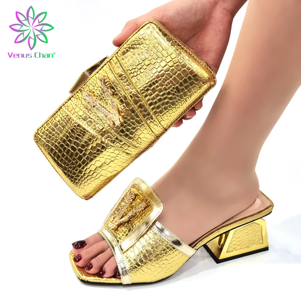 Itallian Design 2022 New Arrival Fashion Golden Color Party Elegant Women Shoes and Bag Set full of Rhinestone Mixing Metal