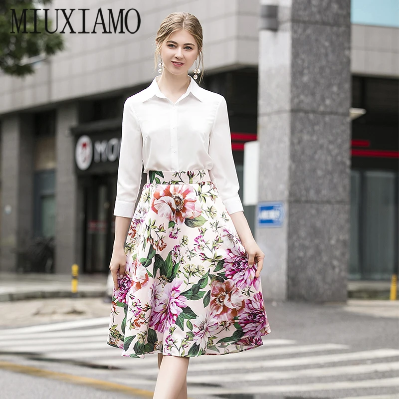 MIUXIMAO 2020 Office Lady Spring Twinset Elegant Solid Women Bloose  Flower Print Dress 2 piece set Women Vestidos