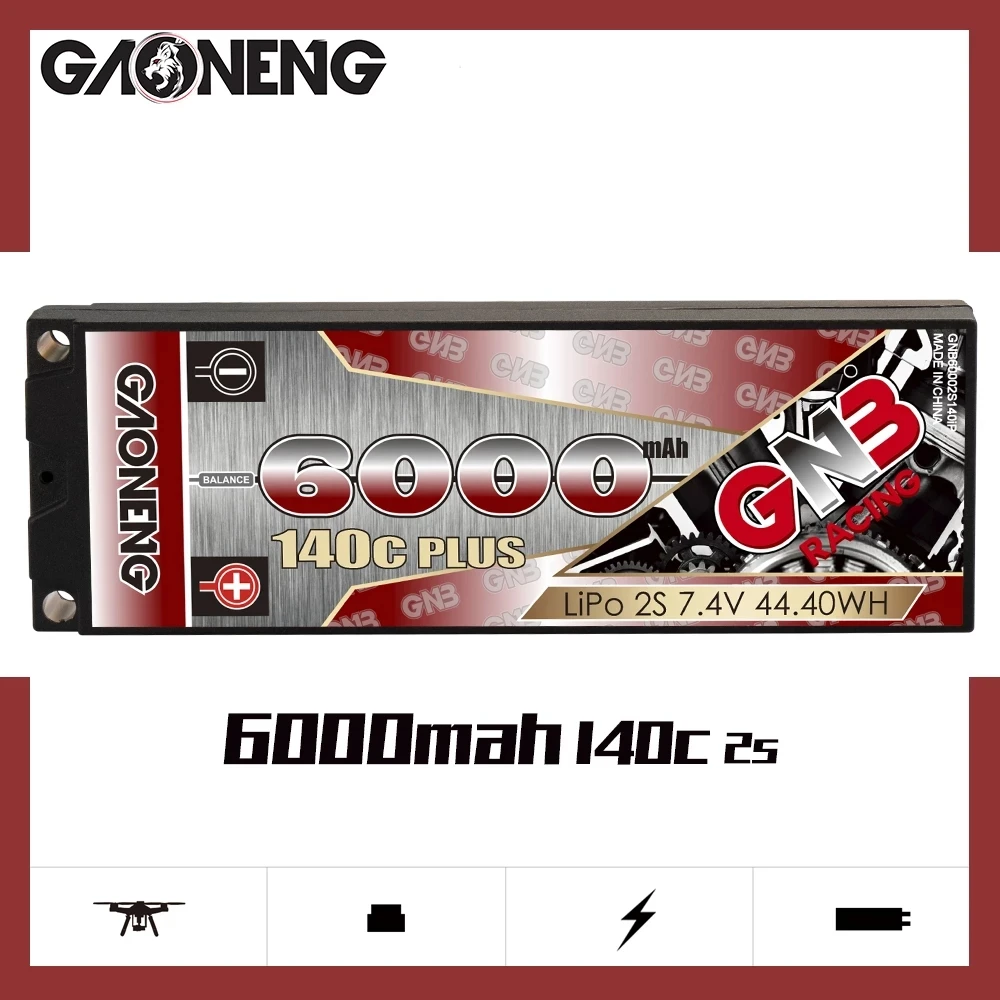 

GAONENG GNB 2S 6000mAh 7.4V 140C/280C See Through 5.0mm Bullet Hardcase LiPo Battery Pack with T Plug for 1:10 1/10 RC Car Boat