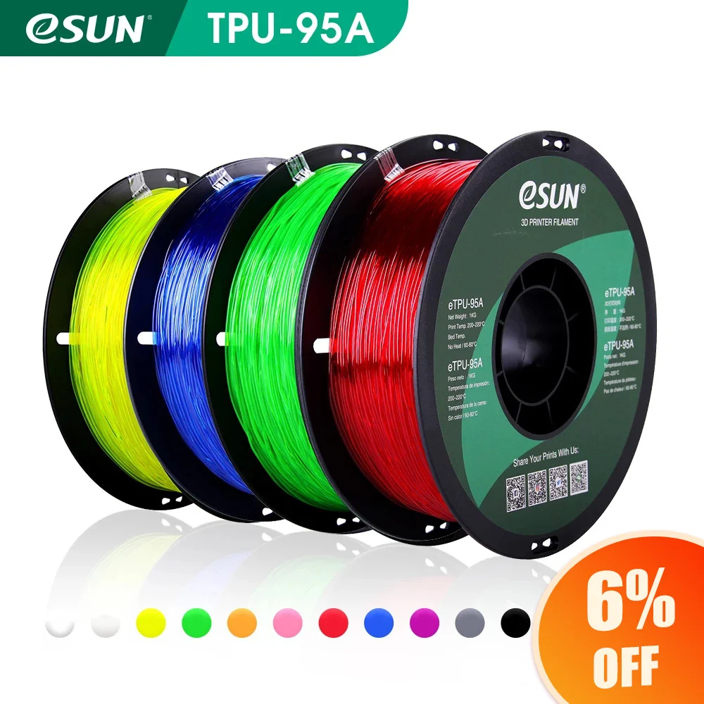

eSUN Flexible TPU Filament 1.75mm,TPU 95A 3D Printer Filament 1KG 10pcs/lot Spool Printing Material for 3D Printers and 3D Pen