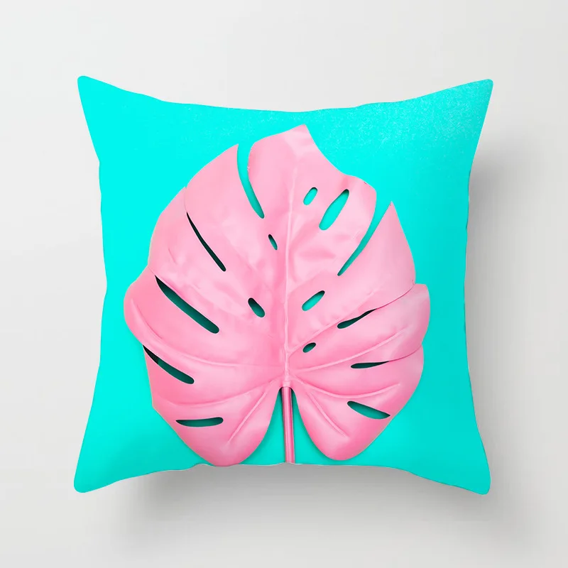 Яркий светло-розовый синий чехол для подушки принт тропических листьев Чехол