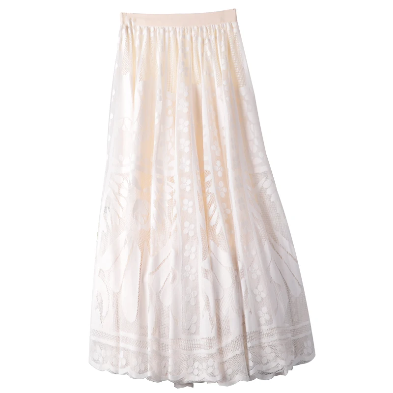 

2021 Summer New Style Mori Girl Elastic Waist Lace Leisure All-Match A-Line Loose Big Skirt Female