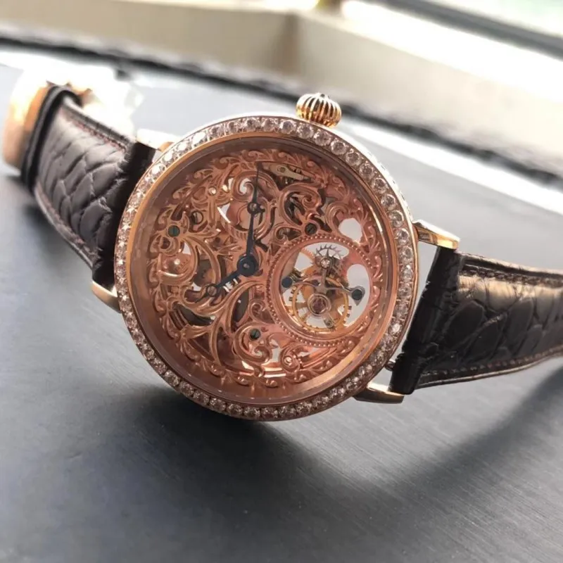 Топ Роскошный Полный Кристалл Алмаз ST8000 Tourbillon часы для женщин Скелет сапфировый циферблат Крокодиловая Кожа Мужские механические часы
