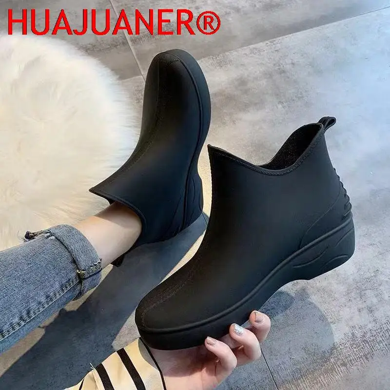 

Japan Fashion Woman Ankle Rain Boots Rubber Boot Non-slip Water Shoes Housewives Mark Shopping Platform Shoes Galoshes For Adult