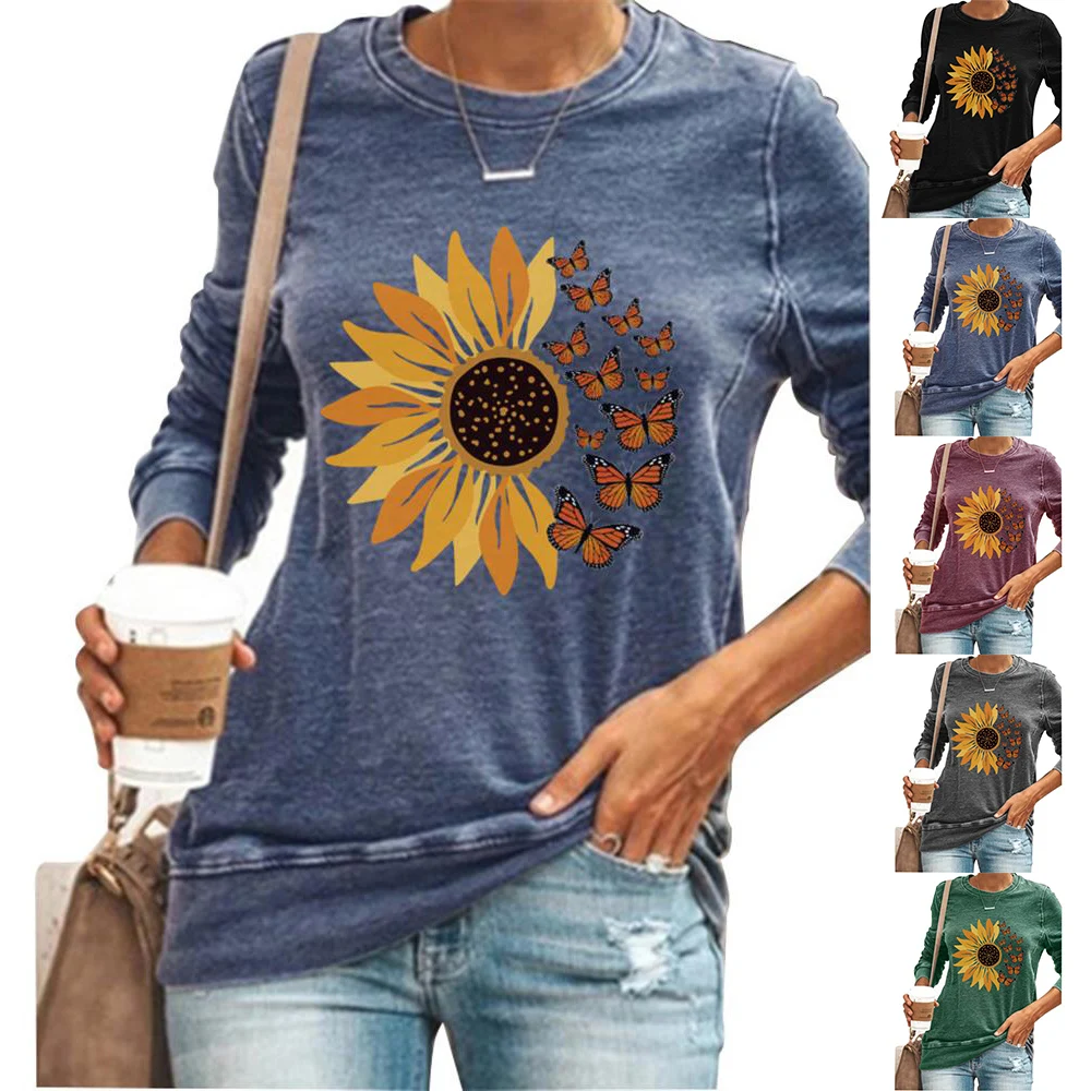 

Women Sunflower Print T-Shirt Crew Neck Long Sleeve Casual Top Autumn Blouse Tee Daily Casual Long-sleeved Fashion Printing New