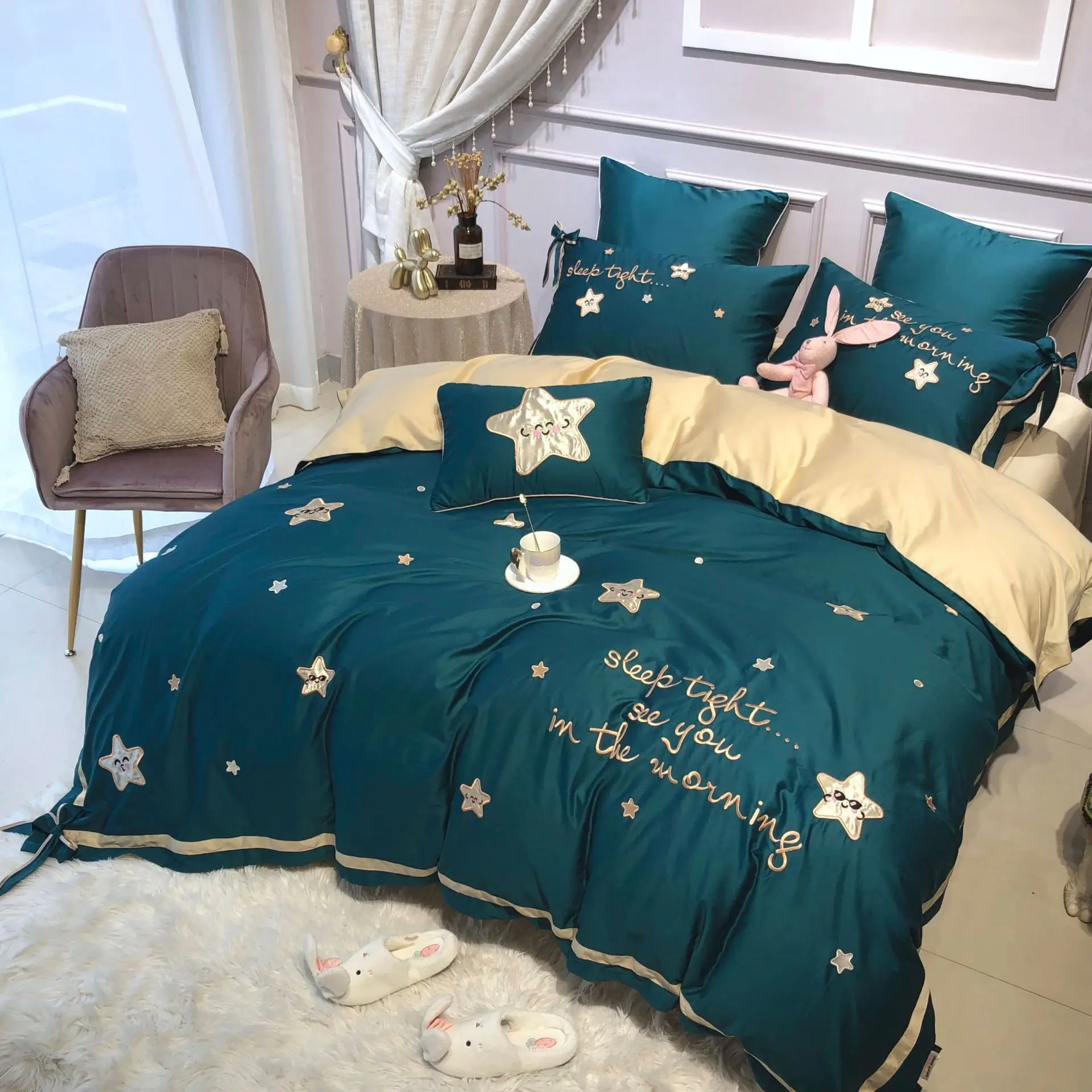

One-Piece Princess Style 60 Egyptian Long-Staple Cotton Embroidered Four-Piece Cotton Quilt Cover 100% Cotton Bedding