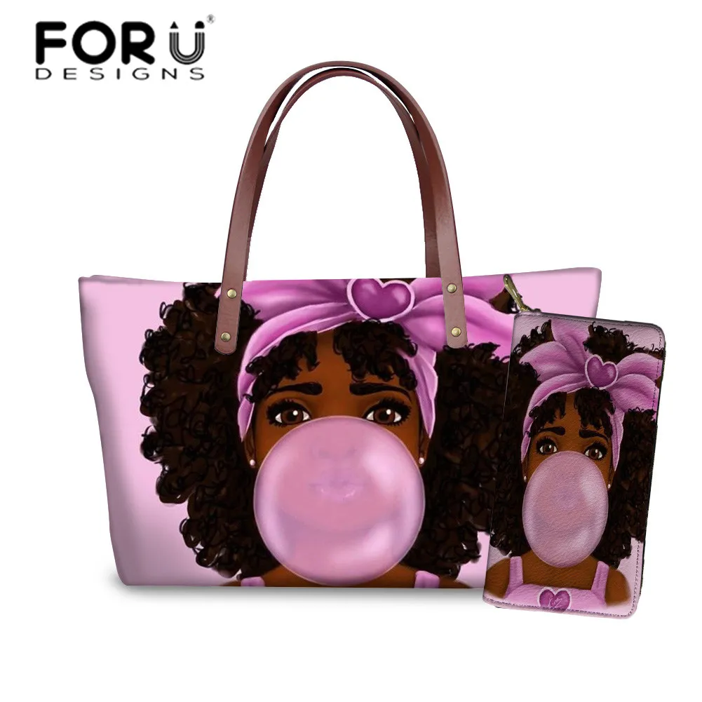 YQ4051ALZ21 FORUDESIGNS бренд класса люкс дизайн Сумки женский, черный арт в африканском стиле, для девочек, 2 предмета в наборе, шт./компл. ручная сумка& кошелек женские сумки с верхней ручкой - Цвет: YQ4051ALZ21