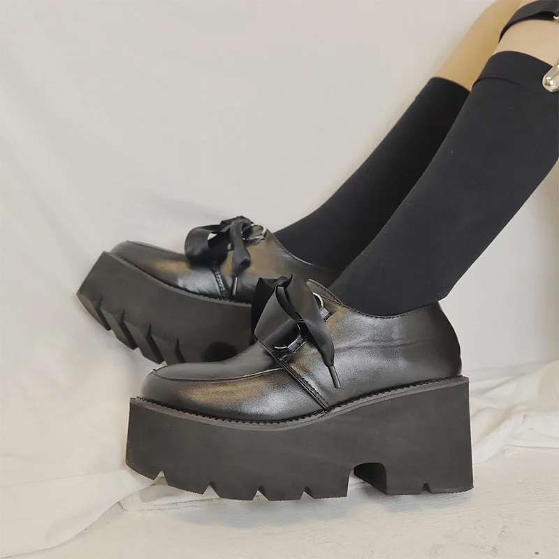 

Туфли женские кожаные с бантом, маленький размер, на шнуровке, толстая подошва, повседневная прогулочная обувь, однотонные