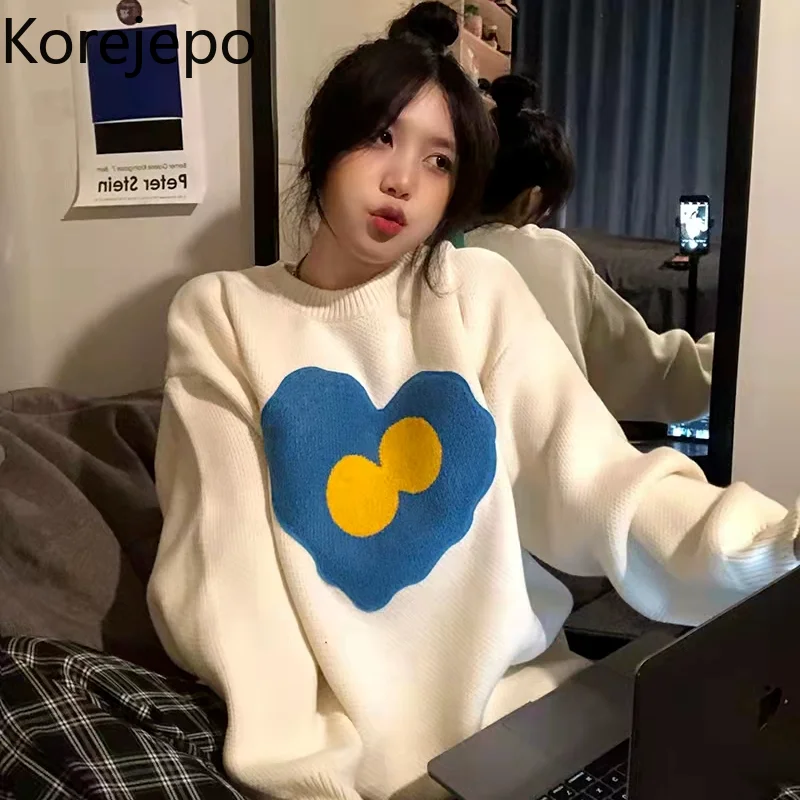 

Korejepo Women Sweater 2021 Autumn and Winter New Japanese Style Sweet Cute Printed O-neck Long Sleeve Loose Knitting Top Female